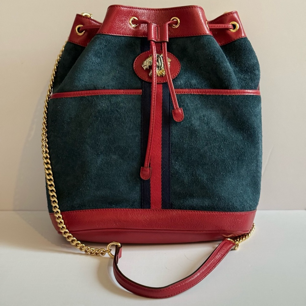 Brand New Gucci Rajah Navy Blue Suede Red Leather Web Tiger Bucket Bag - Medium
